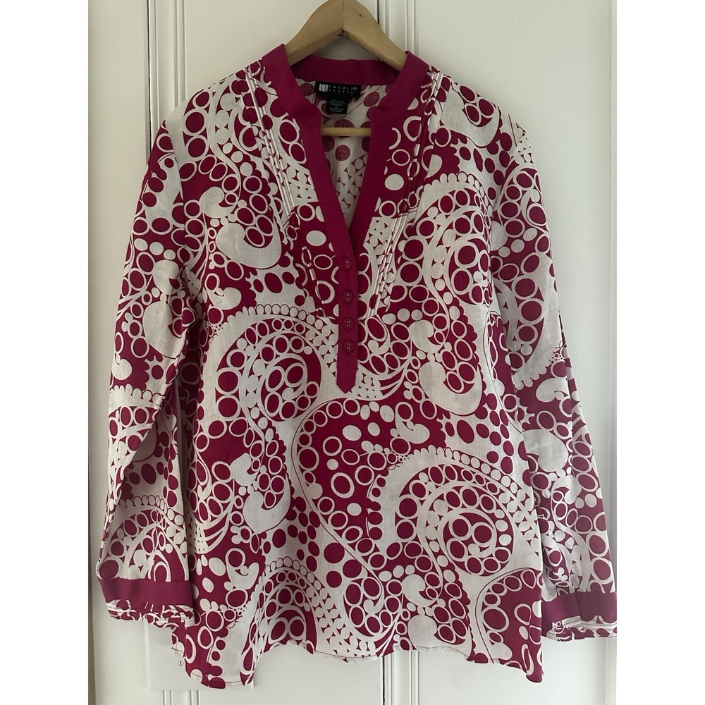 Linen Paisely Tunic Blouse Women Boho Cottagecore 3/4 Sleeve Pink White